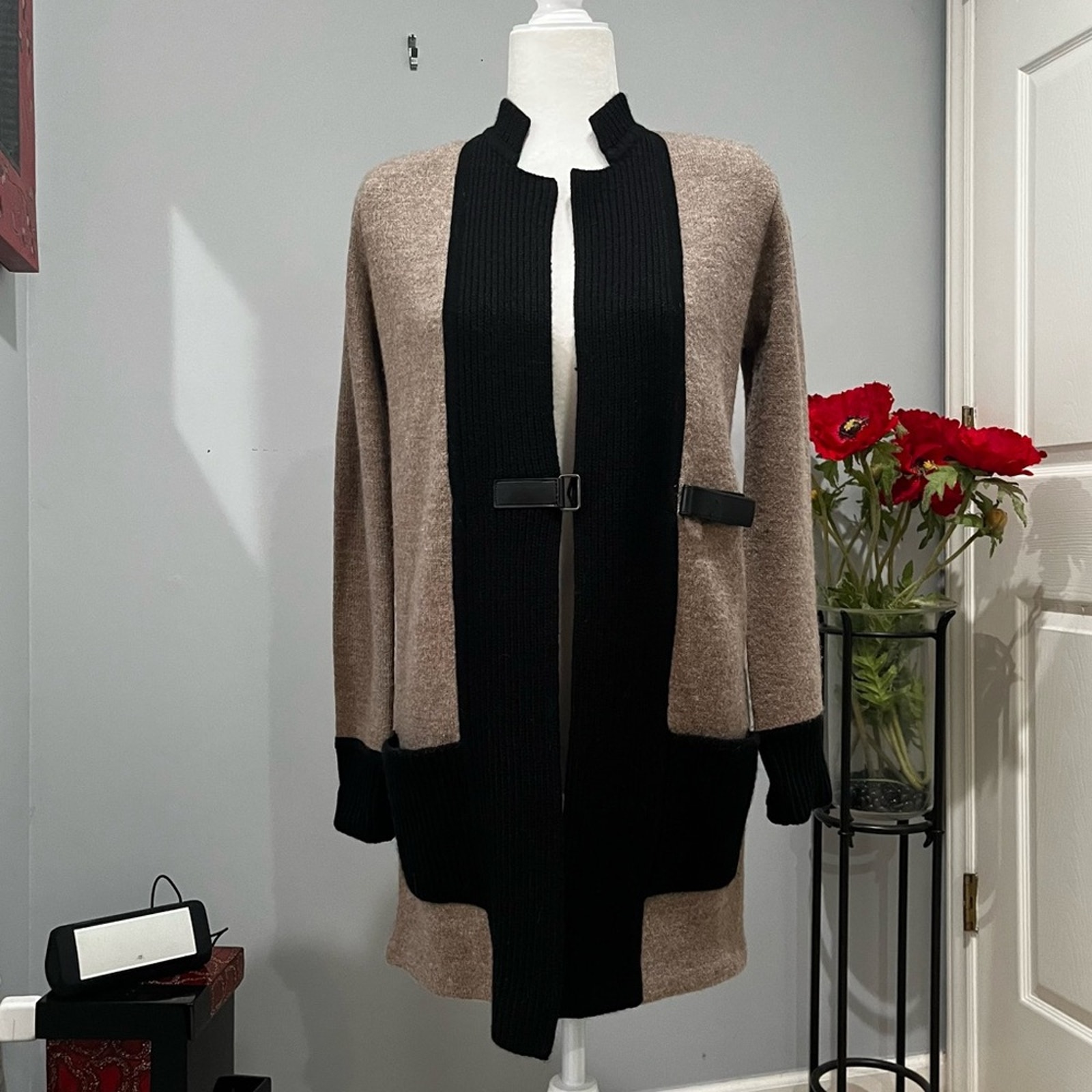 New Ann Taylor Wool Longline Colorblock Belt Knit Ribbed Cardigan Sweater Coat